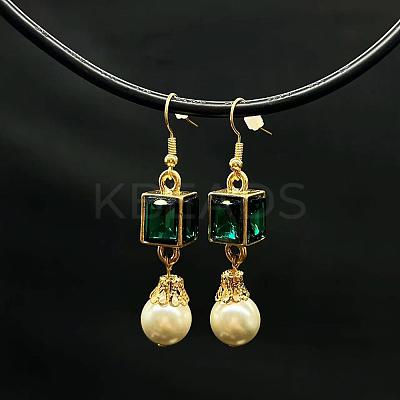 Round with Cuboid Brass Cubic Zirconia Dangle Earrings FS-WG5810B-01-1