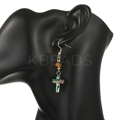 Cross Natural Amber & Abalone Shell/Paua Shell Dangle Earrings EJEW-JE07359-1