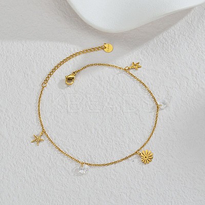Bohemian Style 304 Stainless Steel Sun Starfish and Flat Round Cubic Zirconia Charm Anklets FS-WGDB107-01-1