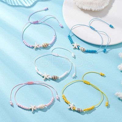 Synthetic Turquoise & Glass Seed Beads & Shell Braided Bead Bracelets BJEW-MZ00331-1