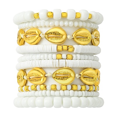 10Pcs 10 Styles Handmade Polymer Clay & Glass Seed Beaded Stretch Bracelet Sets BJEW-SW001581-1