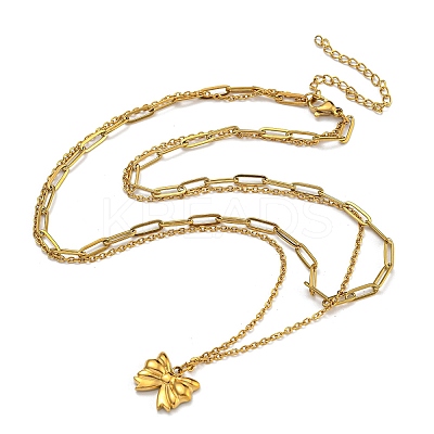 304 Stainless Steel Bowknot Pendant Necklaces NJEW-L182-001G-06-1