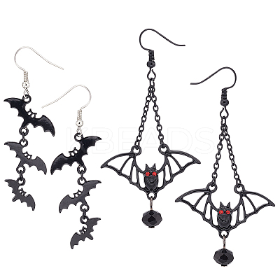 2 Pairs 2 Style Bat Alloy Dangle Earrings Sets with Rhinestone EJEW-AN0002-47-1