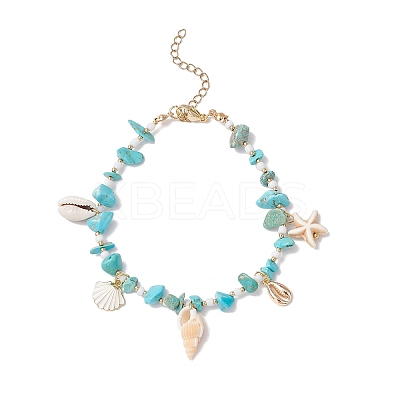 Summer Beach Synthetic Turquoise Chip Starfish & Natural Shell & Alloy Enamel Charm Anklets AJEW-TA00037-1