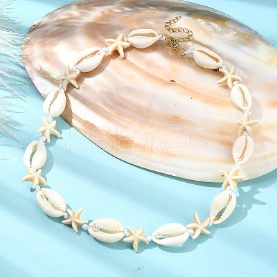 Natural Shell & Synthetic Turquoise Starfish Beaded Necklace with 304 Stainless Steel Clasps NJEW-TA00107-02-1