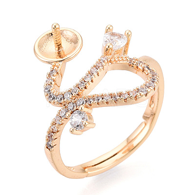 Curve Shape Brass Micro Pave Clear Cubic Zirconia Adjustable Ring Settings KK-T076-46G-1