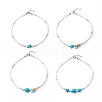 4Pcs 4 Style Natural Pearl & Shell & Dyed Synthetic Turquoise Beaded Necklaces Set NJEW-JN04039-1