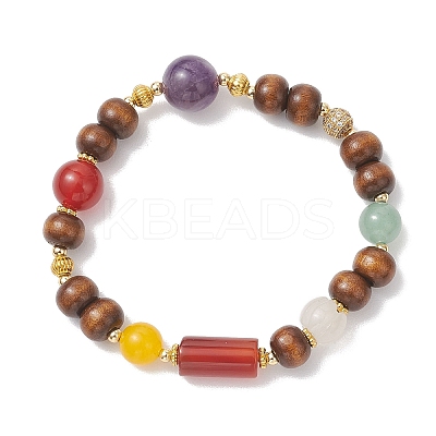 Natural Amethyst & Green Aventurine & Whide Jade & Carnelian & Dyed Malaysia Jade & Wood Beaded Stretch Lucky Bracelets BJEW-JB13291-1