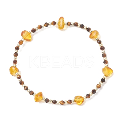 Natural Amber & Tiger Eye Beaded Stretch Bracelets for Women BJEW-JB13352-1