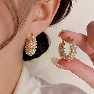Flat Round Alloy Plastic Imitation Pearl Hoop Earrings FS-WG2046F-01-1