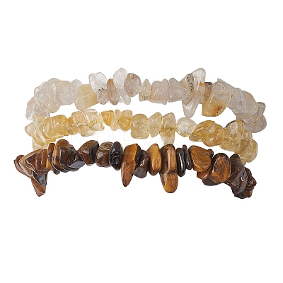 3Pcs Natural Citrine & Natural Tiger Eye & Natural Gold Rutilated Quartz Chip Beaded Stretch Bracelet Sets BJEW-JB10863-1