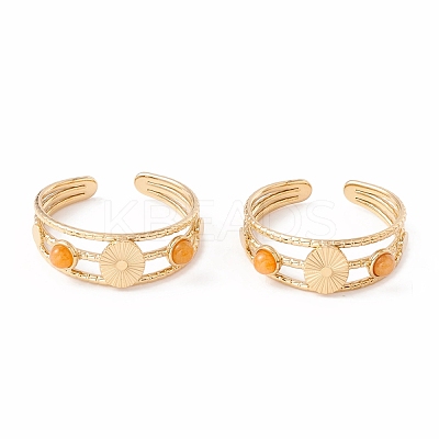 Natural Gemstone and Flat Round Open Cuff Ring RJEW-B039-02G-1