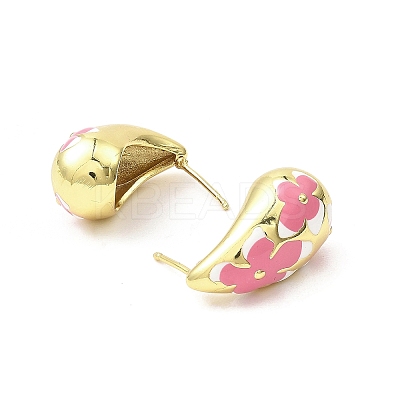 Teardrop with Flower Real 18K Gold Plated Brass Enamel Stud Earrings EJEW-L270-013G-04-1