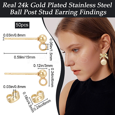 50Pcs 304 Stainless Steel Round Ball Post Stud Earring Findings STAS-BBC0004-78-1