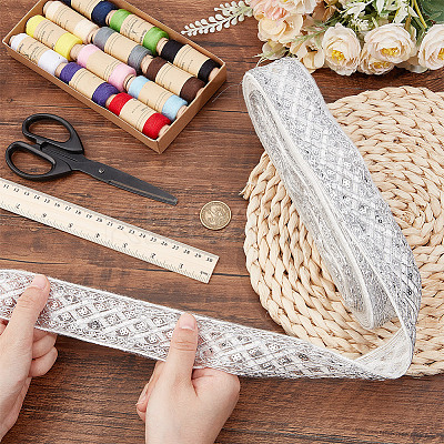 Polyester Rhombus Embroidery Lace Trim OCOR-WH0090-83B-1