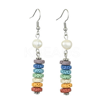 Natural Pearl & Dyed Lava Rock Disc Beaded Dangle Earrings EJEW-JE05563-1