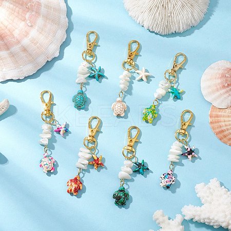 7Pcs Starfish & Sea Turtle Synthetic Turquoise & Natural White Mother of Pearl Shell Chip Pendant Decorations HJEW-JM03168-1