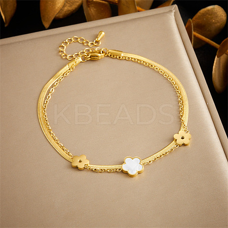 304 Stainless Steel Pave Natural Shell Charm Double Layer Anklets for Women FS-WGA3011-03-1