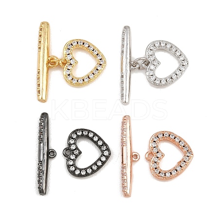 Heart Brass Micro Pave Clear Cubic Zirconia Toggle Clasps KK-G548-37-1