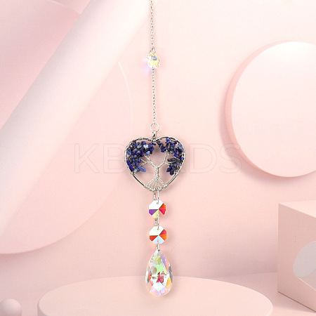 Wire Wrapped Natural Lapis Lazuli Heart with Tree of Life Pendant Decorations HJEW-K046-02P-08-1