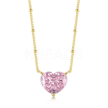 Heart 925 Sterling Silver Pave 8A Pink Cubic Zirconia Pendant Satellite Chain Necklaces for Women NJEW-F330-01G-1