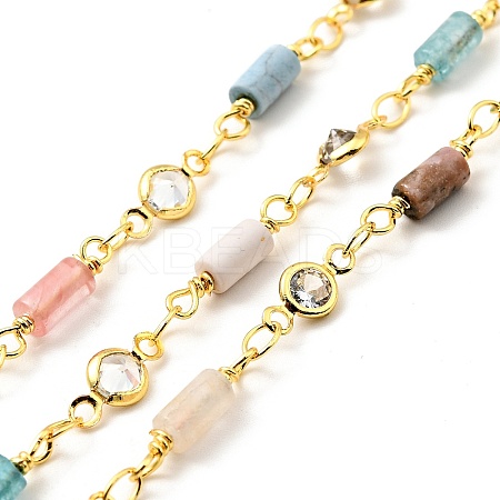 Natural Mixed Gemstone Column & Clear Cubic Zirconia Flat Round Link Chain LS-CHC-G017-01G-1