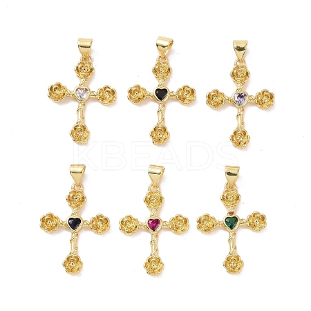 Cross with Flower Brass Micro Pave Cubic Zirconia Pendants KK-G435-06G-1