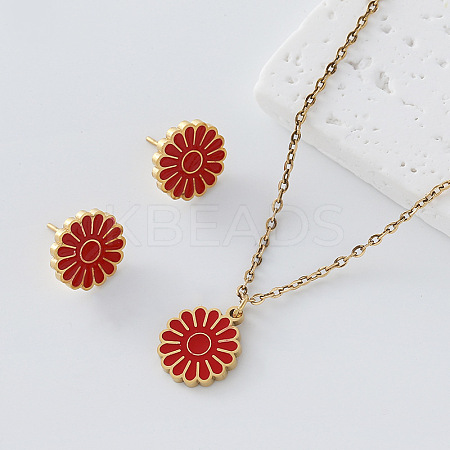 304 Stainless Steel Enamel Flower Pendant Necklace & Stud Earrings Set for Women BR4315-3-1