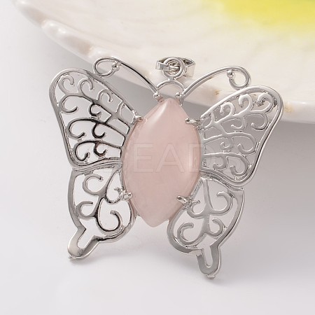 Butterfly Platinum Tone Brass Natural Rose Quartz Pendants G-M288-02-1