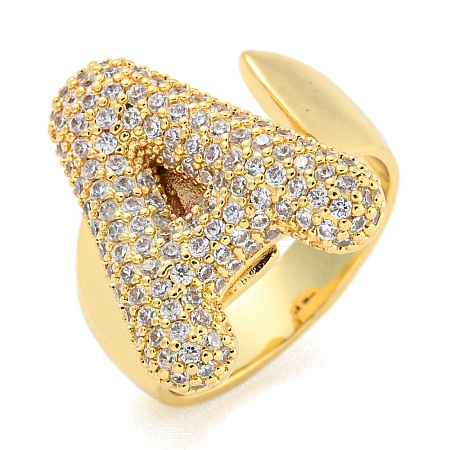 Brass Micro Pave Clear Cubic Zirconia Letter Open Cuff Ring for Women RJEW-M173-01G-A-1