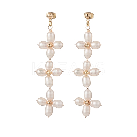 Natural Pearl Flower Long Dangle Stud Earrings EJEW-JE05208-1