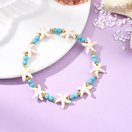 Synthetic Turquoise & Brass Beads Stretch Bracelets for Women Men BJEW-JB13877-03-1