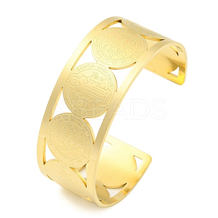 304 Stainless Steel Wide Hollow Saint Benedict Medal Open Cuff Bangles LS-BJEW-S154-01G-1