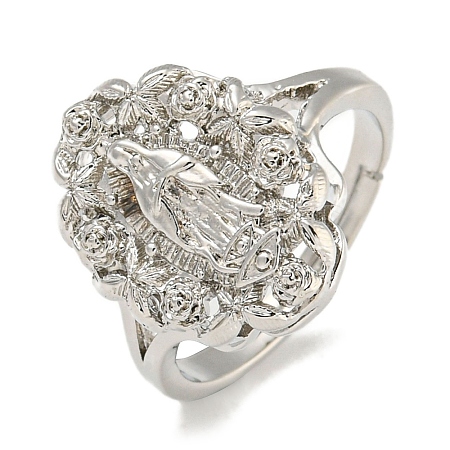 Oval with Saint Rack Plating Brass Adjustable Rings for Women RJEW-I105-03P-01-1