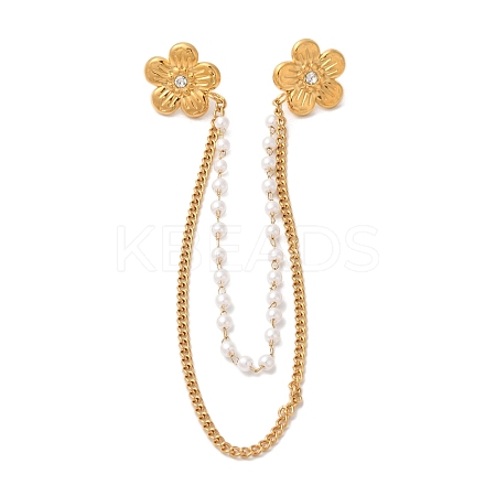 304 Stainless Steel Pave Clear Cubic Zirconia & ABS Pearl Flower Hanging Chain Brooch JEWB-S021-05G-1