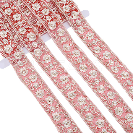 5 Yards Polyester Embroidery Flower Lace Ribbon with Imitation Pearl OCOR-CY0001-16D-1