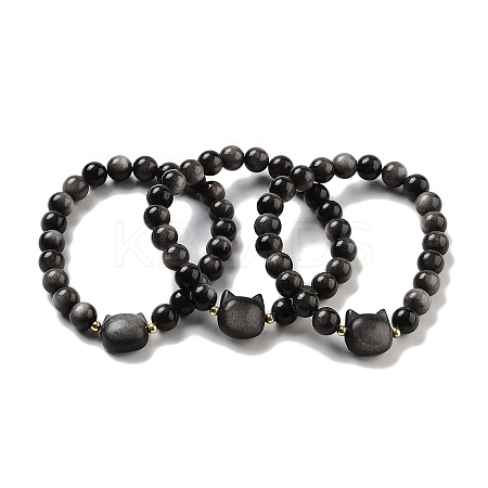 Round & Cat Head Natural Obsidian Beaded Stretch Bracelets for Women BJEW-K251-03F-1