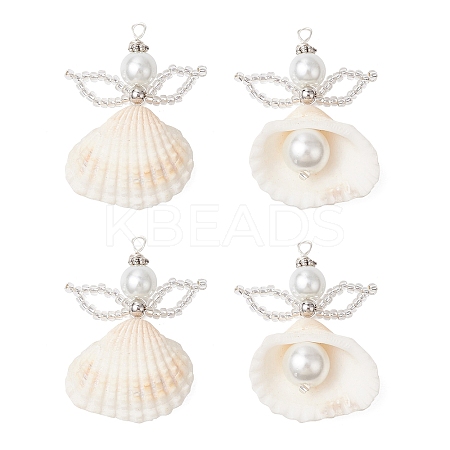 4Pcs Natural Clam Shell & Glass Angel Pendants PALLOY-MZ00718-02-S-1