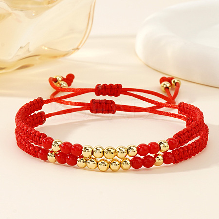 2pcs Bohemian Style Brass Round Beads Braided Bead Bracelets BG7605-1