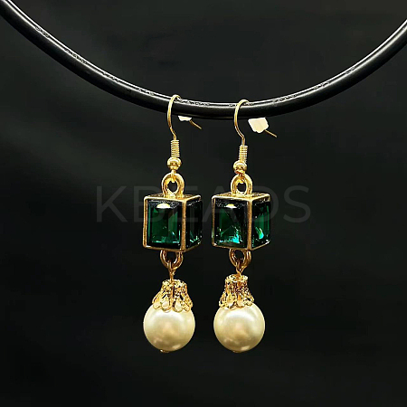 Round with Cuboid Brass Cubic Zirconia Dangle Earrings FS-WG5810B-01-1