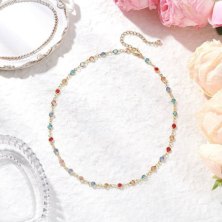 Brass & Colorful Glass Flat Round Link Chain Necklaces for Women NJEW-JN05451-1