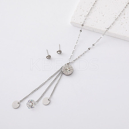 304 Stainless Steel Stud Earrings & Clock Disc Tassel Necklaces Sets for Women FB1747-6-1
