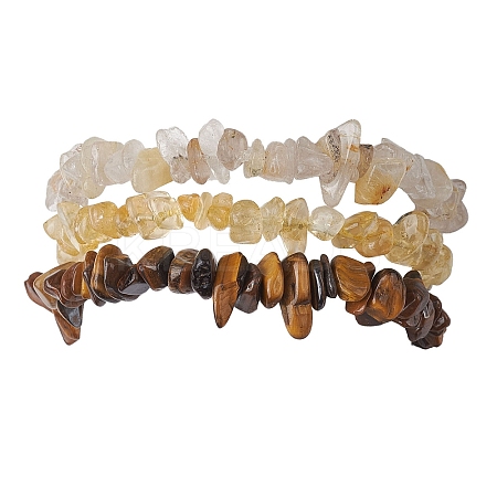 3Pcs Natural Citrine & Natural Tiger Eye & Natural Gold Rutilated Quartz Chip Beaded Stretch Bracelet Sets BJEW-JB10863-1