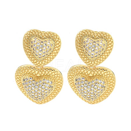 Heart Brass Pave Clear Cubic Zirconia Dangle Stud Earrings EJEW-M258-27G-1