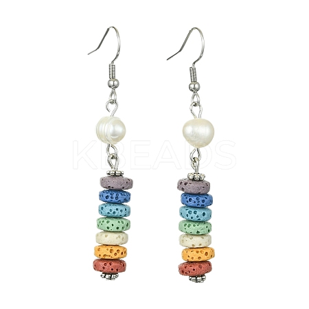 Natural Pearl & Dyed Lava Rock Disc Beaded Dangle Earrings EJEW-JE05563-1