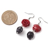 Halloween Synthetic Coral Red Flower & Synthetic Turquoise Black Skull Dangle Earrings EJEW-JE06069-S-3