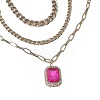 3Pcs Elegant Alloy Fuchsia Rhinestone Rectangle Pendant 3 Layer Necklaces Sets QV2693-1-4