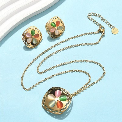 304 Stainless Steel Cat Eye Flower Pendant Necklaces & Stud Earrings Sets for Women SJEW-B020-04G-1