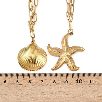 Bohemian Styles 304 Stainless Steel Starfish and Shell Shape Pendant Double Layer Necklaces for Women LS-NJEW-F343-01G-1