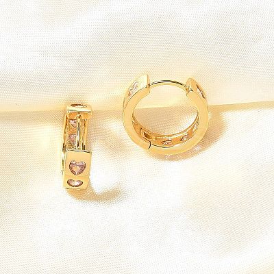 Pink Cubic Zirconia Heart Hoop Earrings EJEW-H093-13G-1